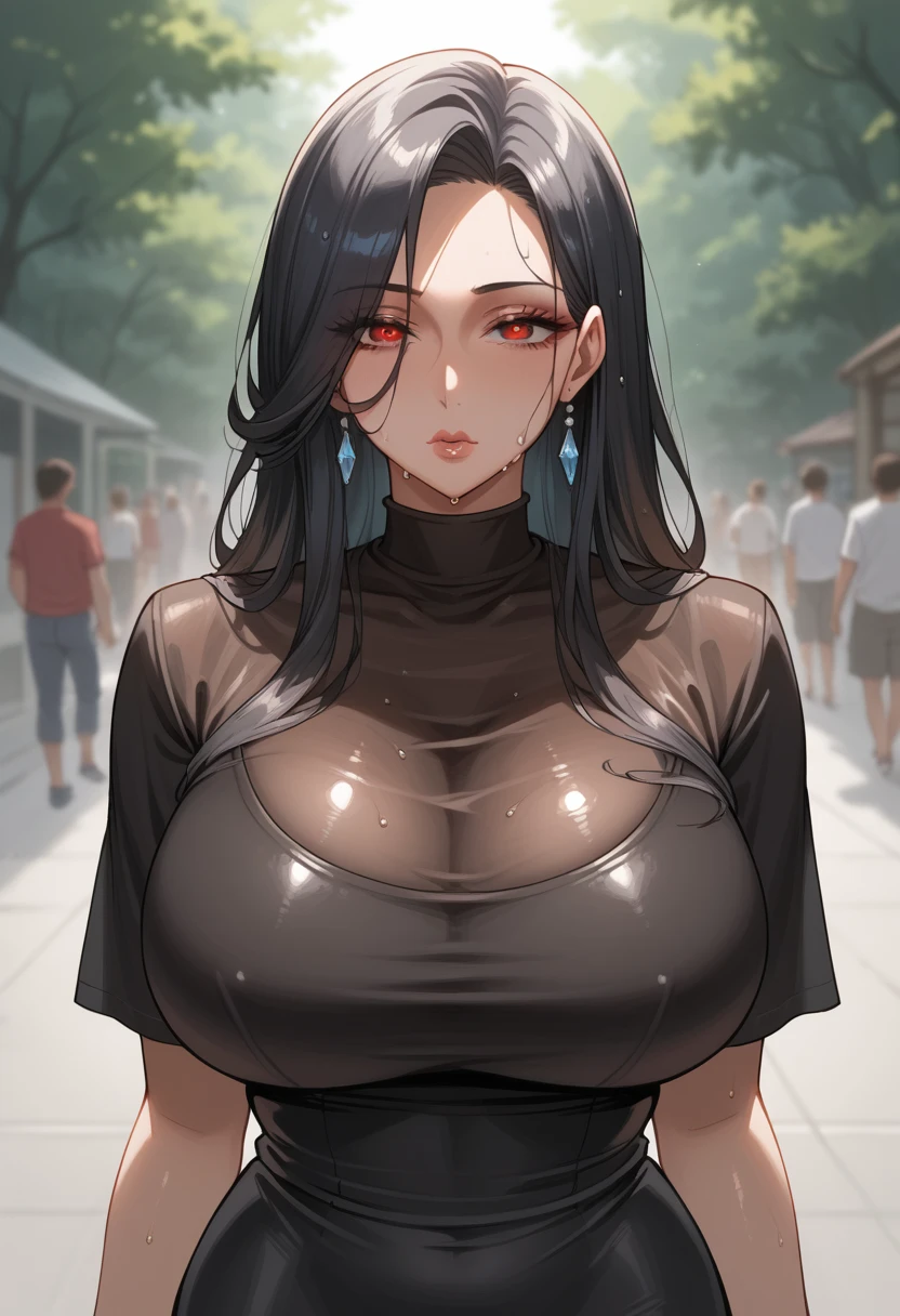 fumiko,1girl,solo,mature female,long hair,mole under mouth,large breasts,My Artwork Style ,Milf, Mommy, solo female, Curvaceous Physique, shiny skin,0p4ldr3ss, black dress, opal,very sweaty, wet clothes, tented shirt, hips, midriff, wet, flustered, lip gloss, makeup,(shadow eyes red)