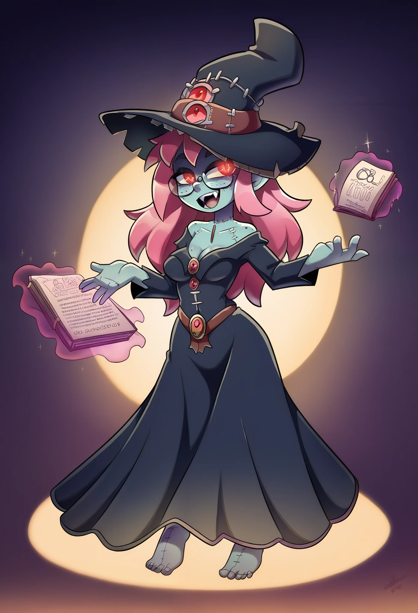 1girl, young girl, zombie girl, glowing green skin, witches attire, witch hat, stitches on face, stitches on arms, detailed zombie makeup, dark eyeshadow, black witch dress, long sleeves, cute zombie, nerdy glasses, sharp glasses, innocent face, friendly expression, smiling, freckles, sharp fangs, blood red eyes, light blue magic, magic casting, glowing hands, spell book, holding spell book, glowing book, ancient spell book, stitches on face, stitches on arms, pink hair, long pink hair, dark background, fantasy setting, glowing magic, detailed clothes, eerie yet friendly, anime style, detailed eyes, soft shading, intricate design, flowing dress, long hair, atmospheric lighting, dynamic pose, charming look, warm colors, atmospheric lighting, dynamic pose, detailed face, extremely detailed eyes, masterpiece, 4k, 8k, high-res, ultra-detailed, physically-based rendering, vivid colors, studio lighting cinematic lighting, dramatic lighting, fantasy, dramatic composition, dynamic pose, volumetric lighting, cleavage, perfect ass, great hips, C-cups, Perfect breasts, shapely figure, sharp ears, anime style, delicate facial features, dark magic, mysterious aura, freckles, breathtaking scenery, short, chibi, detailed eyes, soft shading, intricate design, flowing dress, long hair, atmospheric lighting, dynamic pose, charming look, warm colors, Full body