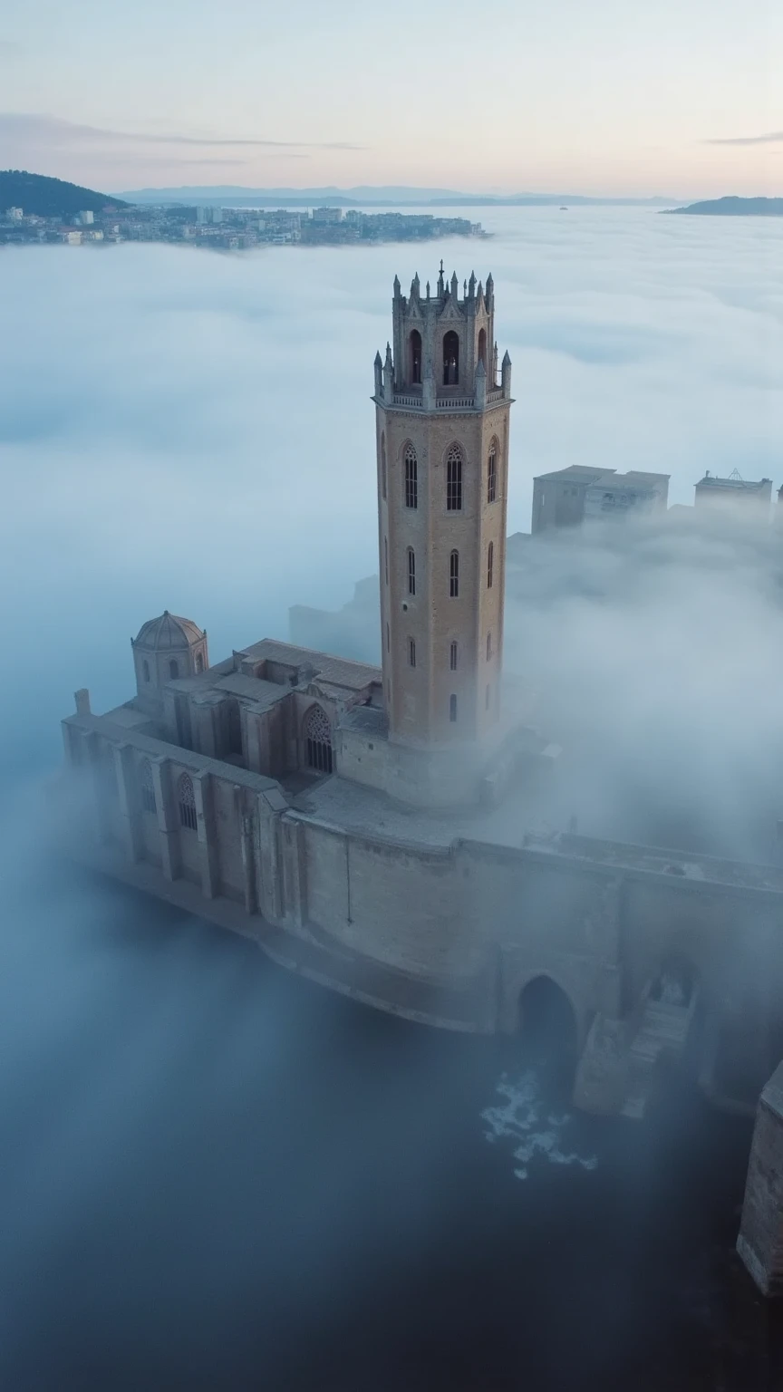 Create an epic, hyper-realistic aerial image of the Seu Vella Cathedral, mostly shrouded in dense fog, with only the top of the main tower and a few small architectural details breaking through the thick mist. The rest of the cathedral remains hidden beneath the fog, creating a mysterious and majestic atmosphere. The scene captures a dramatic, almost mythical view, with the tower appearing to float above the clouds. Soft, ambient light filters through, adding subtle highlights to the visible parts of the structure, enhancing its grandeur and intricate stonework. The overall effect is cinematic and awe-inspiring, with the cathedral’s tower standing out powerfully against the misty expanse below