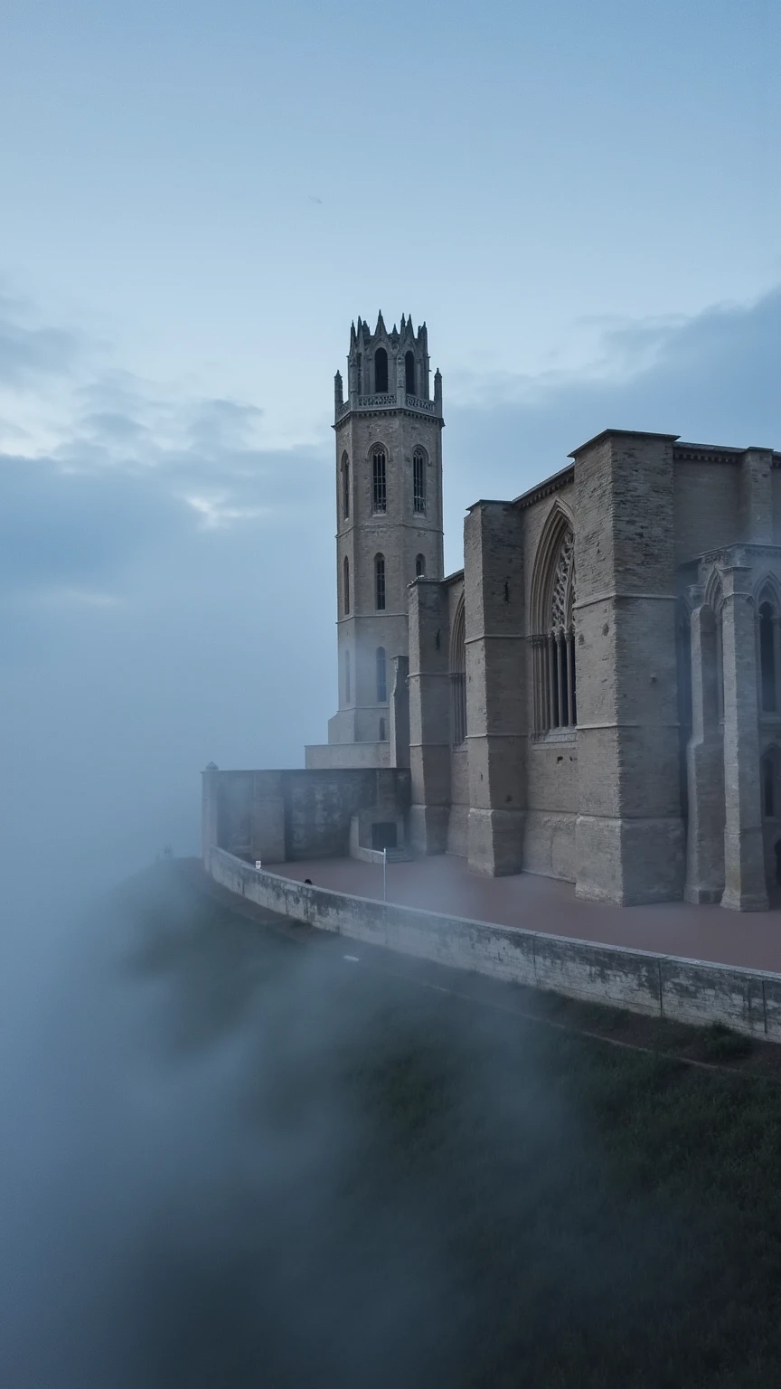 Create a hyper-realistic, cinematic aerial image of the Seu Vella Cathedral emerging from a thick, dense fog. The ancient stone structure rises majestically above the mist, with only the upper towers and spires visible, adding a mysterious and awe-inspiring effect. The fog blankets the surrounding landscape, giving the impression that the cathedral is floating above the clouds. The lighting is dramatic, with soft, ambient light filtering through the fog, casting subtle highlights on the cathedral's intricate architecture. The scene is breathtaking, capturing the grandeur and timeless beauty of the cathedral against the ethereal, fog-filled background