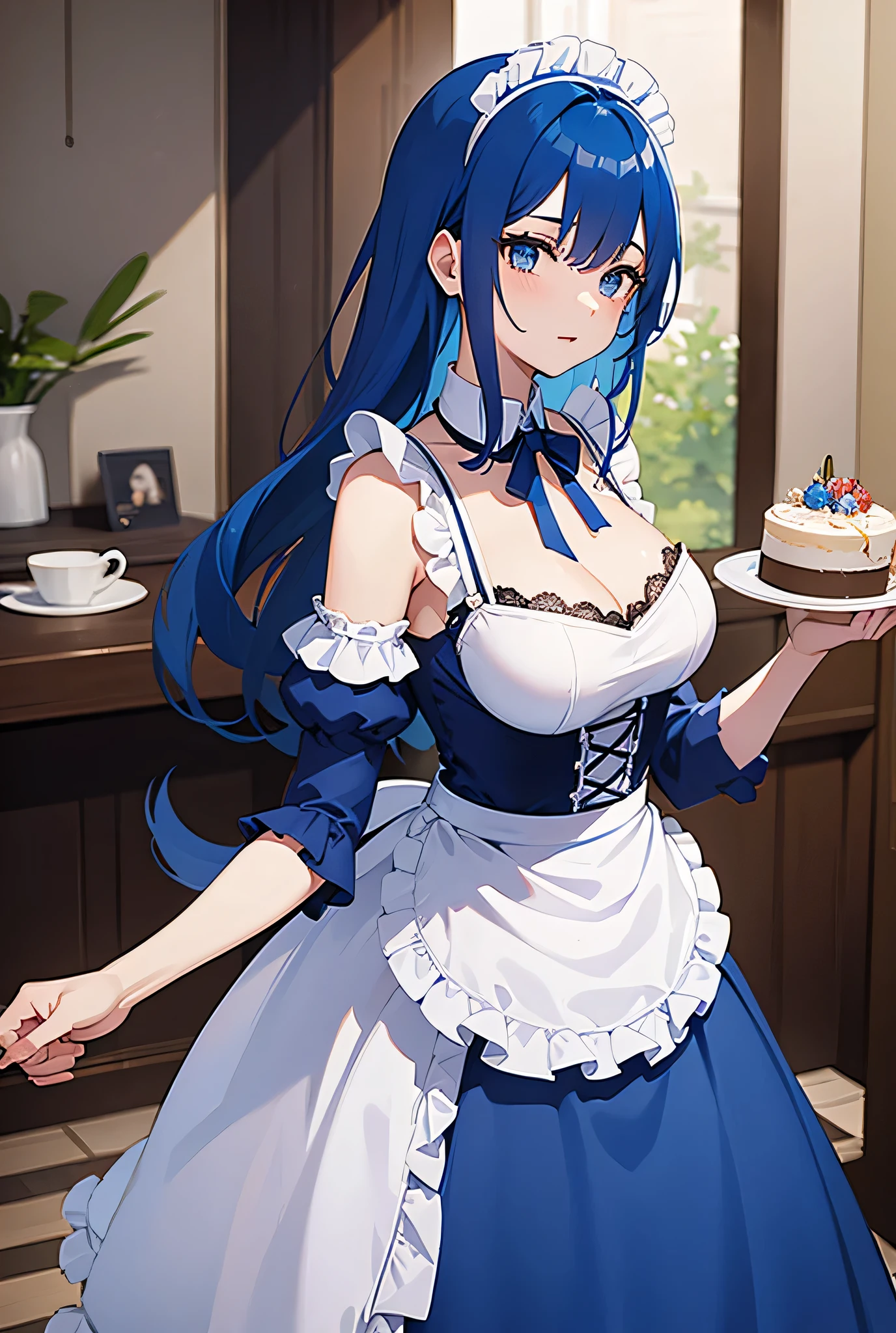 {Evil Smile},Professional Shot, Cute Young Woman, Slender Body, Medium Size Round Breasts, European Face, ((Turquoise Hair)), White Apron, Black Maid Uniform, Holding a Tray with Cake, Standing Near the Bar Counter, Bakery Background, Adobe Lightroom,{Evil Smile},{Evil Circle},{Circle of Darkness},