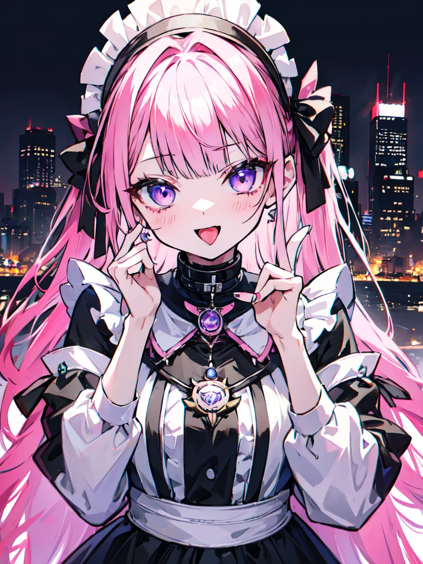 (masterpiece:1.2)、Best Quality、Pixiv、Rebellious Girl、 one girl playing pranks、 open your mouth、鋭いteeth、teeth、Long Hair、（Hair color split in half with pink and black）City Background、gem、badge、ボタンbadge、Food、Purple Eyes、 earrings for a woman alone、 maid clothes、 upper body、 dressed character with the hood down 、tongue、 focusing on the audience 、長いtongue、Chest in the center、, lean forward, cyberpunk city,Night view,