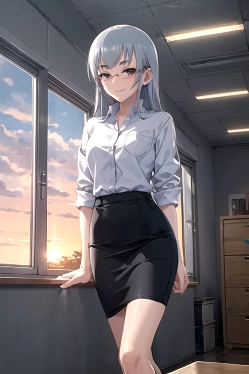 Noah Imus ,  standing, smile,  Office Lady Overlapping the Sunset ,  white shirt , Glasses,   pencil skirt, indoor,  sitting