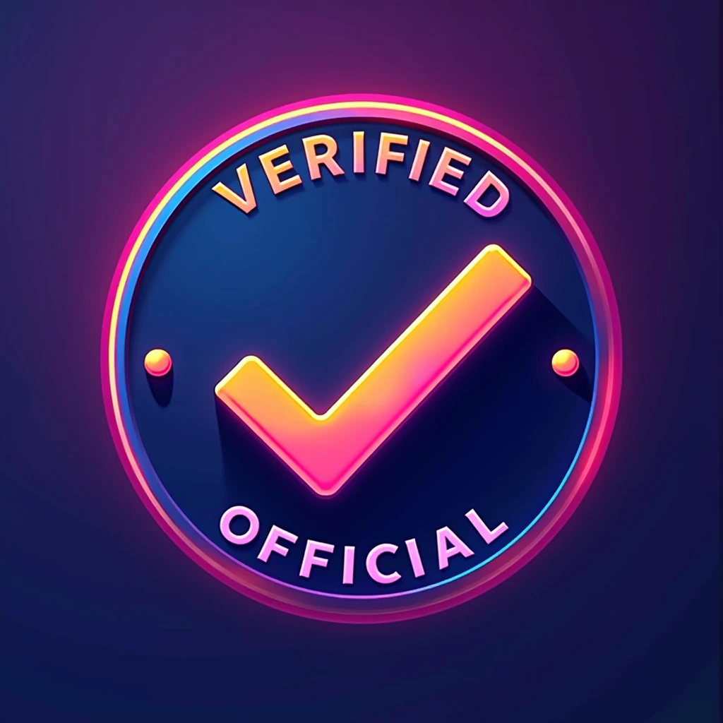 Create a verification badge with a unique and modern design, featuring a prominent checkmark. The badge should be circular with a vibrant color scheme such as neon pink, blue, or green, and should include text indicating verification, such as 'Verified' or 'Official'. The style should be sleek, professional, and suitable for use as a verification symbol for social media or online platforms.