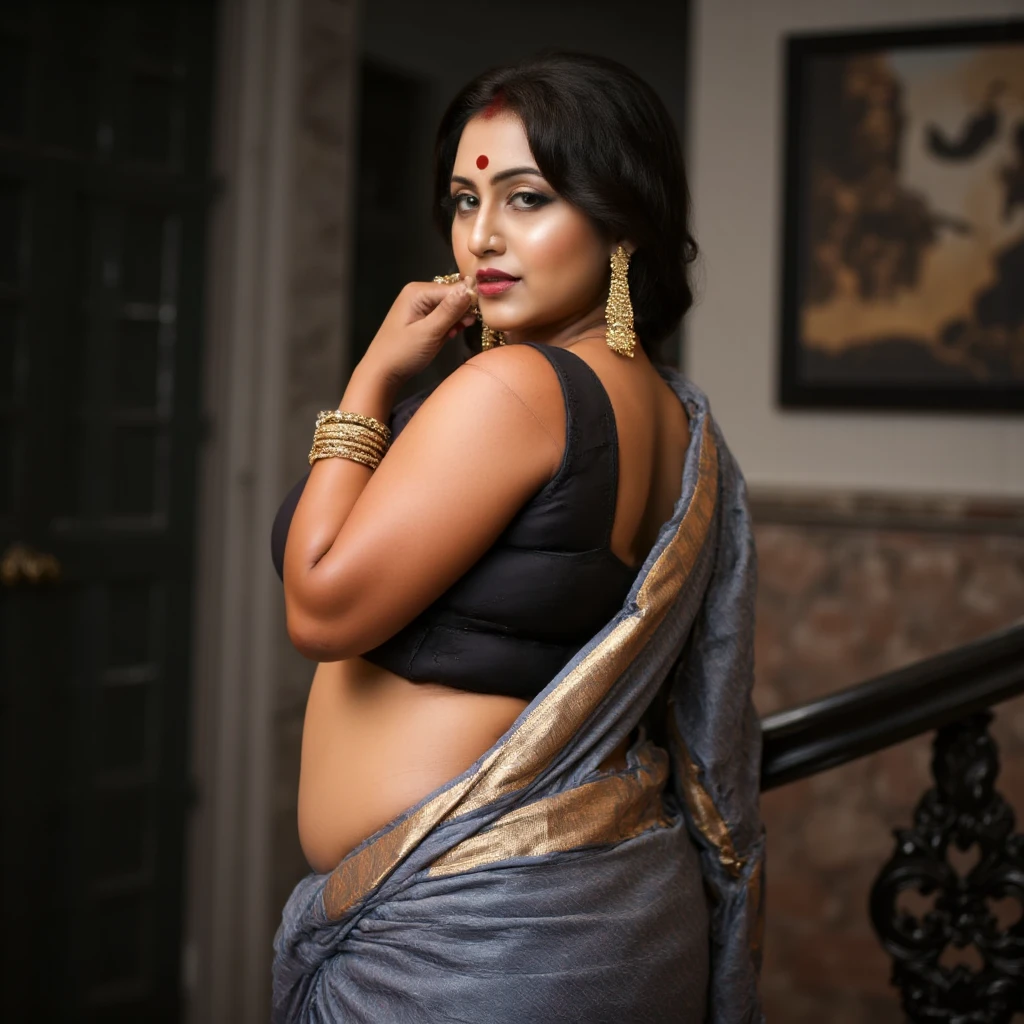 Tags:
1girl, full_body, beautiful_back, saree, grey_saree, black_blouse, thick_curves, hourglass_figure, curvy_hips, seductive_pose, traditional_outfit, standing, side_view, back_profile, slim_waist, plump, rich_embroidered_saree, highly_detailed, smooth_shading, confident_expression, elegant, Indian_beauty, luxurious_jewelry, detailed_hair, classic_look, intimate_gaze, graceful_figure, sensual

Description:
In this full-body image, the woman stands confidently, showcasing her elegant yet sensual pose. Her body is accentuated by the rich, gray saree that drapes perfectly around her thick, curvy figure. The saree is simple yet luxurious, with intricate embroidery around the hem, adding depth to her traditional look. The blouse, a sleek black, fits snugly, highlighting her hourglass figure and curvy hips, emphasizing her full, round shape. The back profile shows off her beautiful, sculpted back, with the fabric of the saree clinging to her form, drawing attention to the contours of her waist and hips.

Her posture is slightly turned to the side, giving a full view of her curvaceous silhouette, which flows down in a natural, graceful manner. Her eyes, directed over her shoulder, are framed with perfectly applied makeup, adding to her magnetic and confident expression. The red flowers tucked in her hair complement the black saree and add a touch of vibrant color to the overall muted palette.

The woman wears traditional gold jewelry that gleams against the dark tones of her outfit—large, ornate earrings, a heavy necklace, and a delicate nose ring. Her expression is one of power and allure, with a subtle yet seductive smile playing on her lips as she glances back, capturing the attention of the viewer. The pose and clothing enhance the beauty of her figure while maintaining an air of elegance and grace.

The lighting highlights the curves of her body and the details of the saree, making her appear both refined and irresistibly captivating. The background is soft and blur