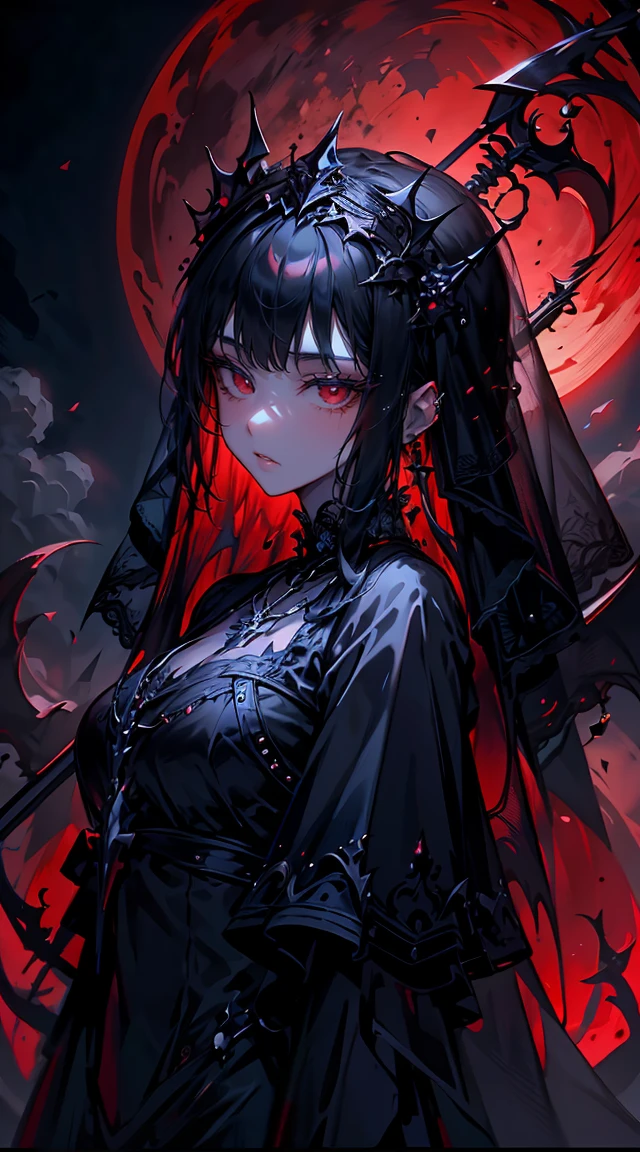 woman wearing a veil and holding a scythe, ruby details, gloomy, dark atmosphere, red moon, ruby necklace, black nails, gothic makeup, cathedral, colorful, stained glass, art deco, ethereal, reflective, ornamental, dynamic lighting:1.2, masterpiece