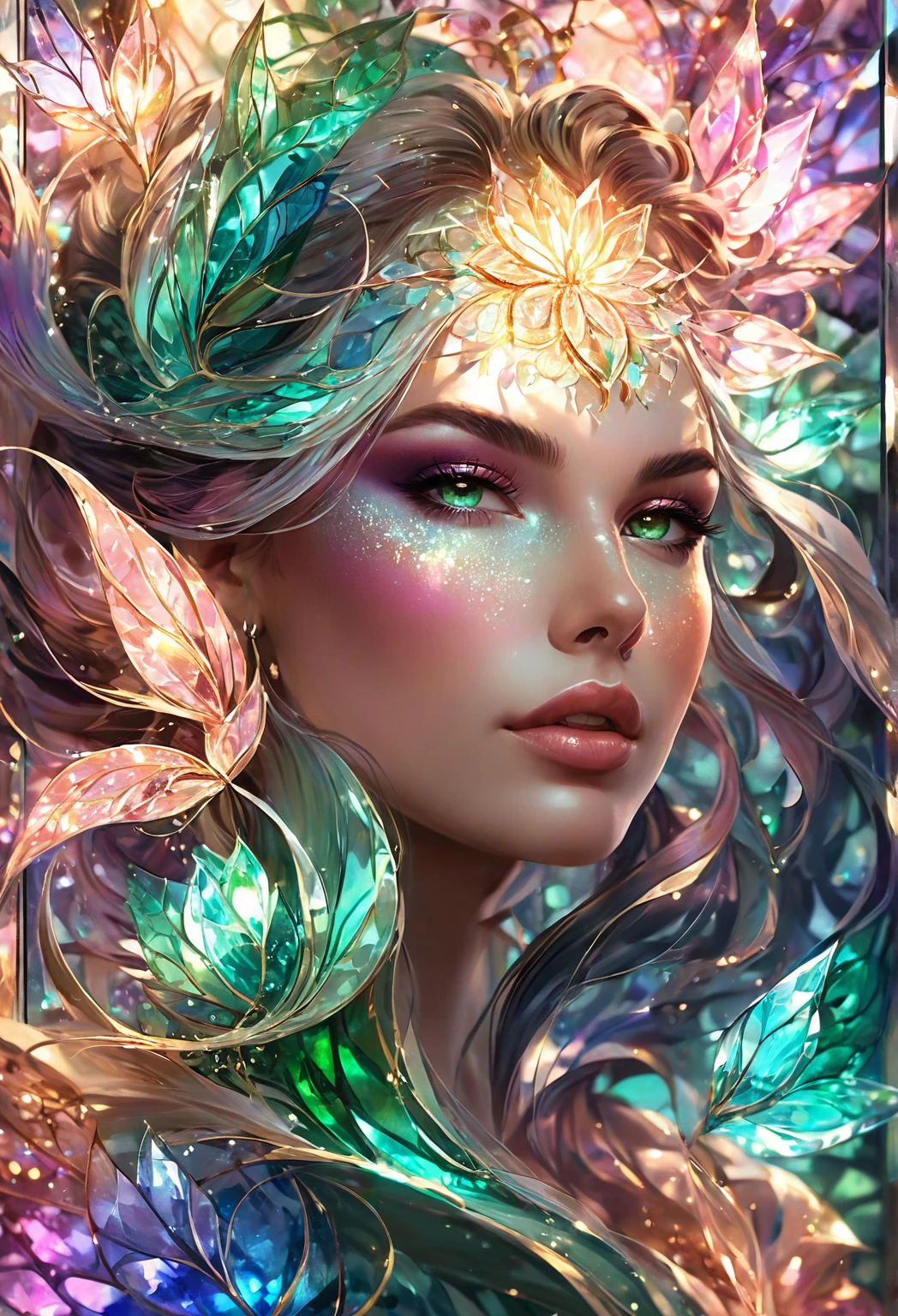 nordic girl, Light brown head, Satisfaction, sparkling, elegant and unique, gently swaying, mysterious and charming, realistic and abstract art, details, very realistic, beautiful and vital, dreamlike and surreal, delicate brush strokes and rich colors, beauty and mystery, unimaginable beauty,Ornate And Intricate, transparent, translucent, Agate material, jade material, BY Anne Bachelier