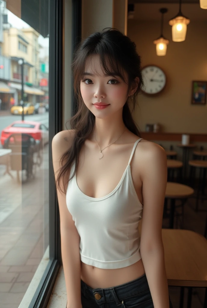 

(masterpiece: 1.3), (8k, Realistic, RAW Photos, highest quality: 1.4), (One Girl), Beautiful Face, (Realistic Face), (Brown long hair: 1.3), Beautiful Hairstyles, (bangs), (smile), smile, Realistic eyes, Gloss, highlight, highlight in the Eyes, eyelash, Beautiful details in the eyes, (Realistic Skin), (((Tank top:Random color 1pc.2、Short jeans、At the cafe、Coffee on the table、)))、Beautiful Skin, Transparency、 bust, smile, teeth, Confused, charm, 超High resolution, Ultra-realistic, High resolution, Golden Ratio, Clear eyes, Wet, Mole, Looking into the camera, ear, Shine, Long neck, double eyelid, Big eyes, cheek, kind character, charm personality, kind, Move, 圧倒的なcharm, bright personality