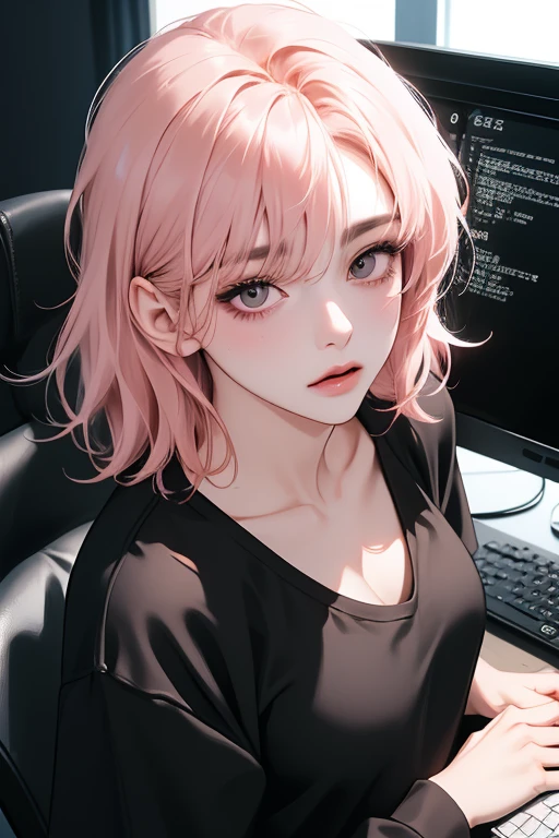 (best quality, ((masterpiece)), 8K resolution, cinematic lighting, ultra detailed, Semi-realistic, beautiful detailed eyes),1 woman, korean, 35-year-old,"wearing a black shirts", black eyes ((hairstyle: Blunt bangs, medium hair, hush cut, "salmon pink hair")),looking at view, ((programming at a computer lofi)),upper body, digital art,detailed clothes, kpop makeup