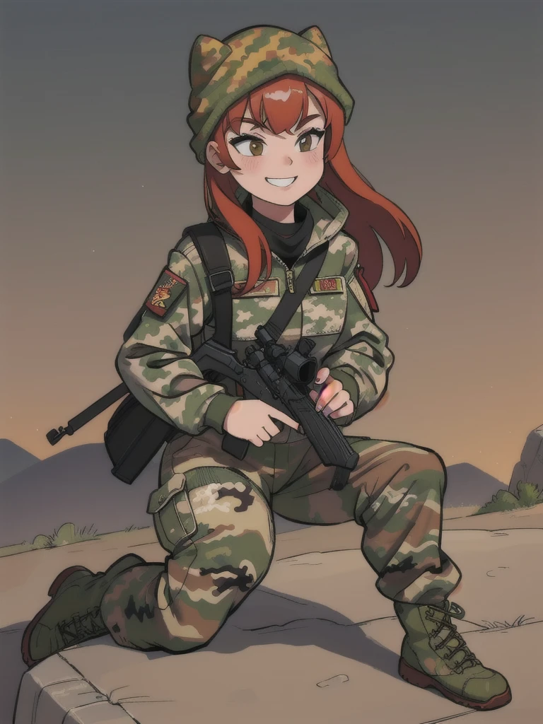 girl with smile and red hair, with a camouflage jacket, camouflage balaclava, camouflage pants and army boots.