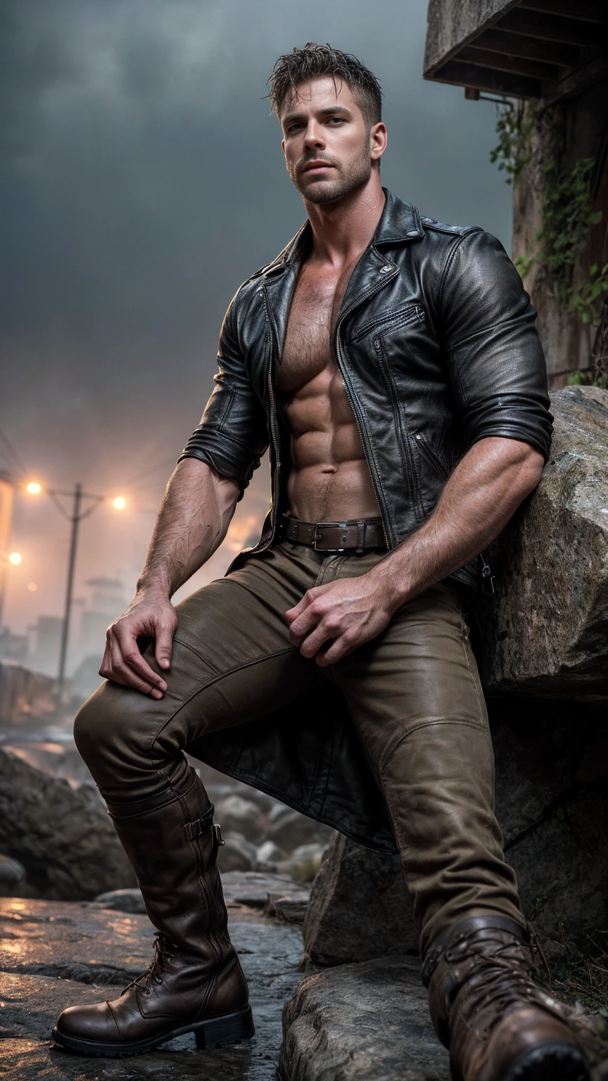 realistic:1.3,( fotorrealistic, 8K, Raw Photos, Premium quality, masterpiece , Epic lighting. close, Imagen centrada), ( foreground),((1 handsome man confident in himself well-formed muscles, Post Apocalyptic, warrior, Perfectly detailed face and body, ( foreground), rainy scene, poor lighting due to rain, face and body wet from the rain,ray illumination, dynamic pose, Beautiful and detailed hair , Leather clothing)) (detailed face:1.2),, ! tall！ (detailed face:1.2),, ! tall！（Chest hair：1.8） ！Outdoor (detailed face:1.2),,（camouflage U.S：1.2）（Chest hair：1.8）Sit on the stone, open your thighs and wear military boots.,Pectoral Focus,