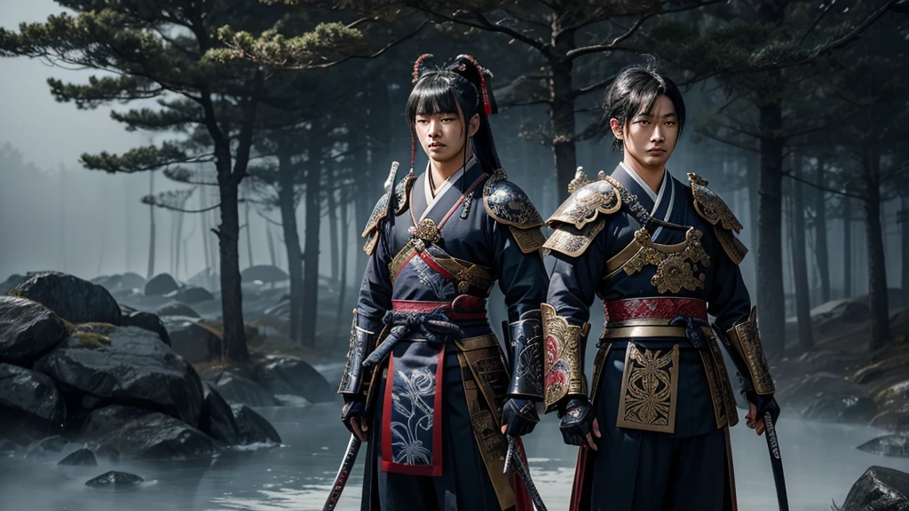 Two dignified young samurais, Ginkaku and Kinkaku, wear traditional Japanese armor, adorned with intricate designs and family crests, their faces obscured by worn, lacquered samurai masks with ornate metal accents, standing side by side on a misty morning, surrounded by lush greenery, with their hands resting on the hilts of their sheathed katanas, their posture exuding a sense of honor and discipline, as they prepare for the impending battle, their armor a blend of dark blues and silver, with hints of crimson, symbolizing their unwavering loyalty and bravery, set against a soft, gradient background that evokes a sense of calm before the storm.