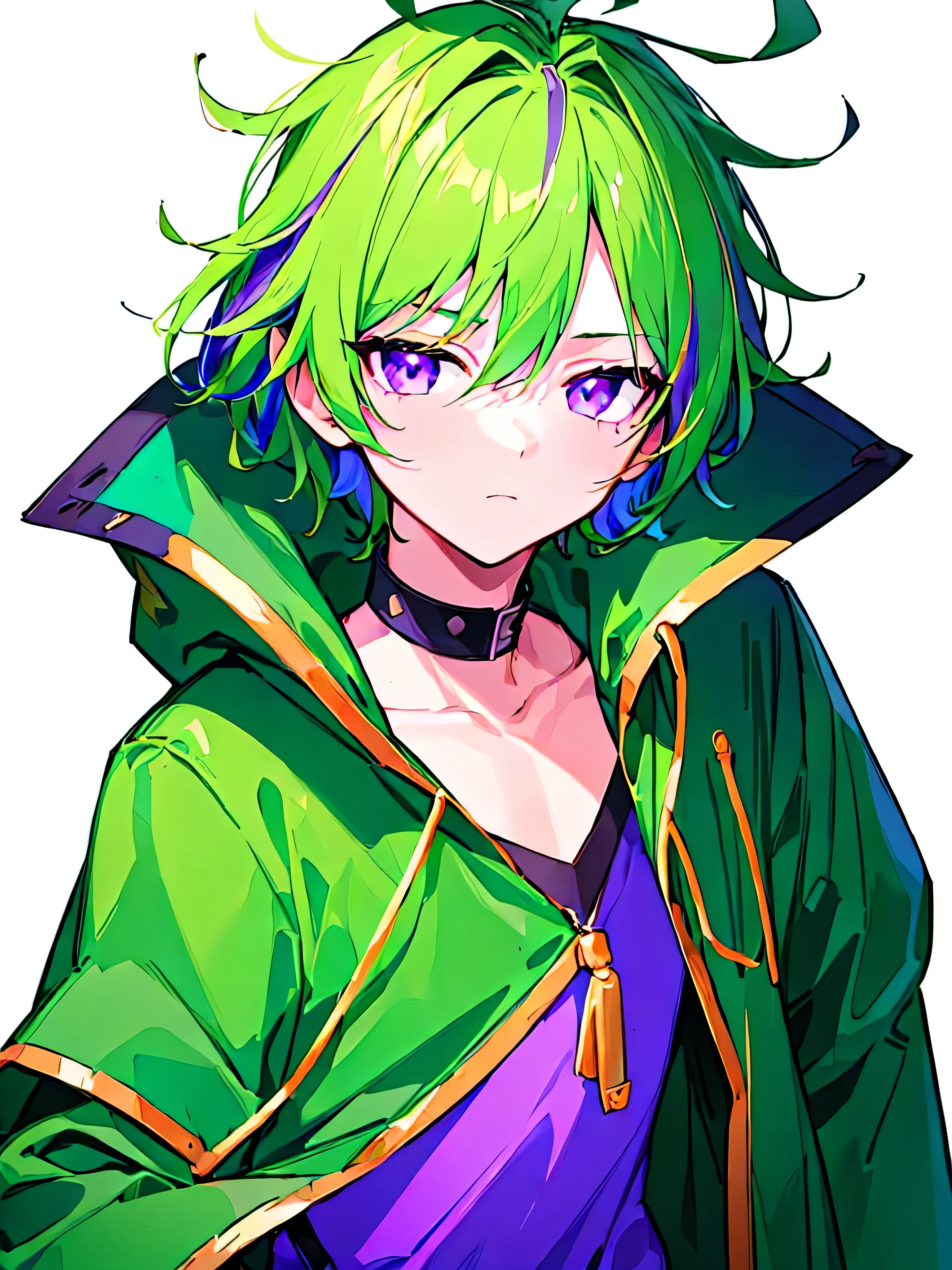 [(WHITE BACKGROUND:1.5),::5], ((((masterpiece)))), high quality, ultra very high resolution, full color, (((solo))), (( boy)), ((men's Green hair)), (Purple streaked hair), (Purple eyes), anime, ((upper body)), neon light, black parka, 