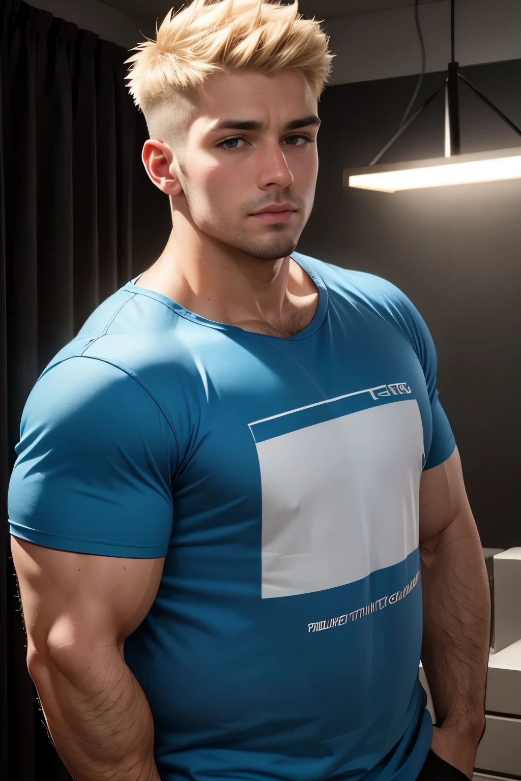 American Young white man, 17 years old, military haircut, dark hair, intense blue eyes, intense gaze, affiliated features, no facial hair, height 1.93, weight 90 kg, muscular and corpulent build, broad shoulders, V-shaped body, tattoos on right arm, Karate black belt, full body focus, completely hairless,