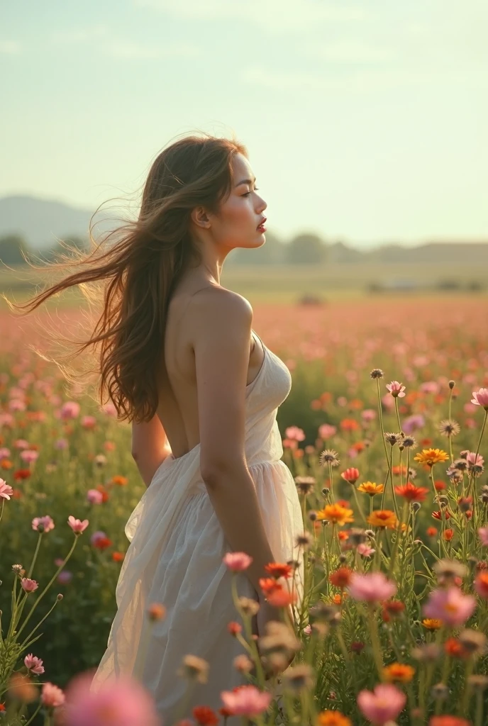 A naked is holding a bouquet of flowers, Girl in flowers, pick flowers, have flowers, pick flowers, girl standing in a flower field, girl standing in a flower field, Flowers bloom on the heir's cheeks, girl in flower field, girl in flower fieldの肖像画, girl walking in the forest, girl with flower head