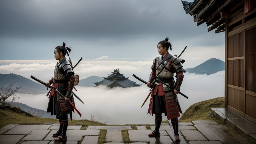 Two dignified youngs samurais, Ginkaku and Kinkaku, with yours mascks of samurais,  wear traditional Japanese armor, standing side by side on a misty morning, preparing for war,  with their hands resting on the hilts of their sheathed katanas, their posture exuding a sense of honor and discipline.