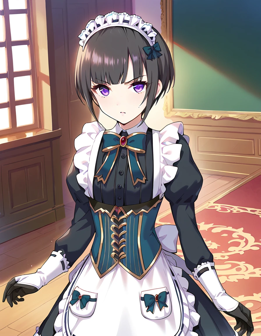   score_9,   score_8_up,   score_7_up, 
pinup of 1girl, Alone, close-up,  ,,  angry expression ,  indoor, residence,  carpet, 
the above,
    short hair ,   Black Hair  ,  short bang ,   purple eyes,     flat chest, Small breasts, 
Maid, enMaided,   black dress, Lace trim, Detailed embroidery,   Long Sleeve  ,    puff sleeve,  bow tie,   jewellery, corset,   White Apron  ,  Frill apron ,  Maid headdress,   black gloves, 
 detailed eyes on board, Eye Reflexes,