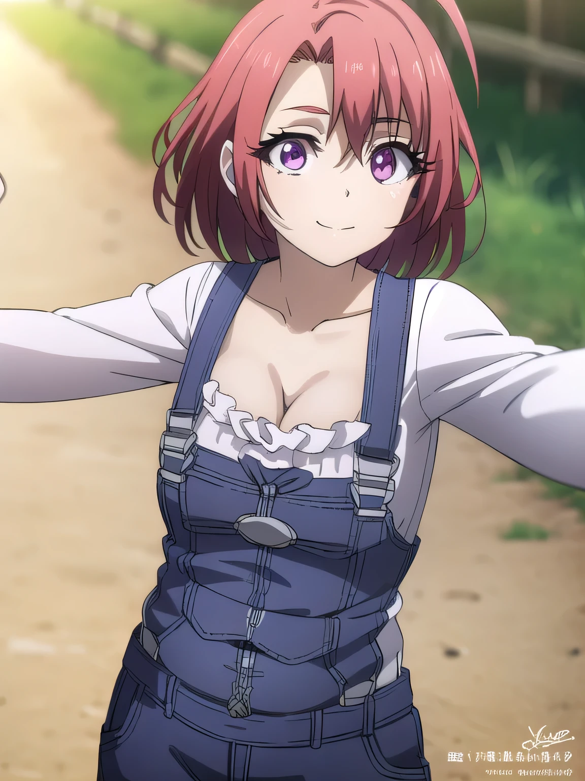 Cowgirl, Ox Woman, Ahoge, Red Hair, ( purple eyes:1.1),  short hair ,
break cleavage, clavicle, frills,  long sleeve , Overalls ,  suspenders,Pregnant women,smile,
break outdoors, farm,
break looking at viewer, ( cowboy shot:1.5),
break (masterpiece:1.2), Best Quality,  high resolution on down,  Unity 8K Wallpaper , (Illustration:0.8), ( beautiful detailed eyes :1.6),   very detailed face , perfect lighting,  very detailed CG, (Perfect hands, perfect anatomy),