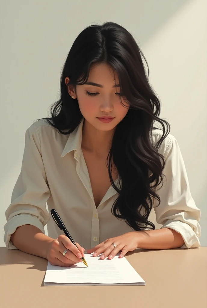 Woman in her 30s, with long black hair and brown eyes , slender. in casual clothes, Sitting at a desk writing a list
