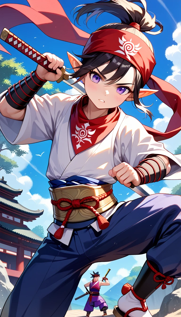 masterpiece, highest_quality, ultra_detailed, 1_boy_focus, boy is (japanese_young_boy, 15_years_old, elf_ears, purple_eyes, (black_hair, high_short_ponytail, bandana):1.5, thin_body, flat_chest, five_fingers, samurai_costume, samurai_sword, samurai_armor, pole_hammer) on center, full_of_details, detailed_face, dynamic_angle, fighting_pose, acrobatic_pose, dynamic_pose, dynamic_perspective