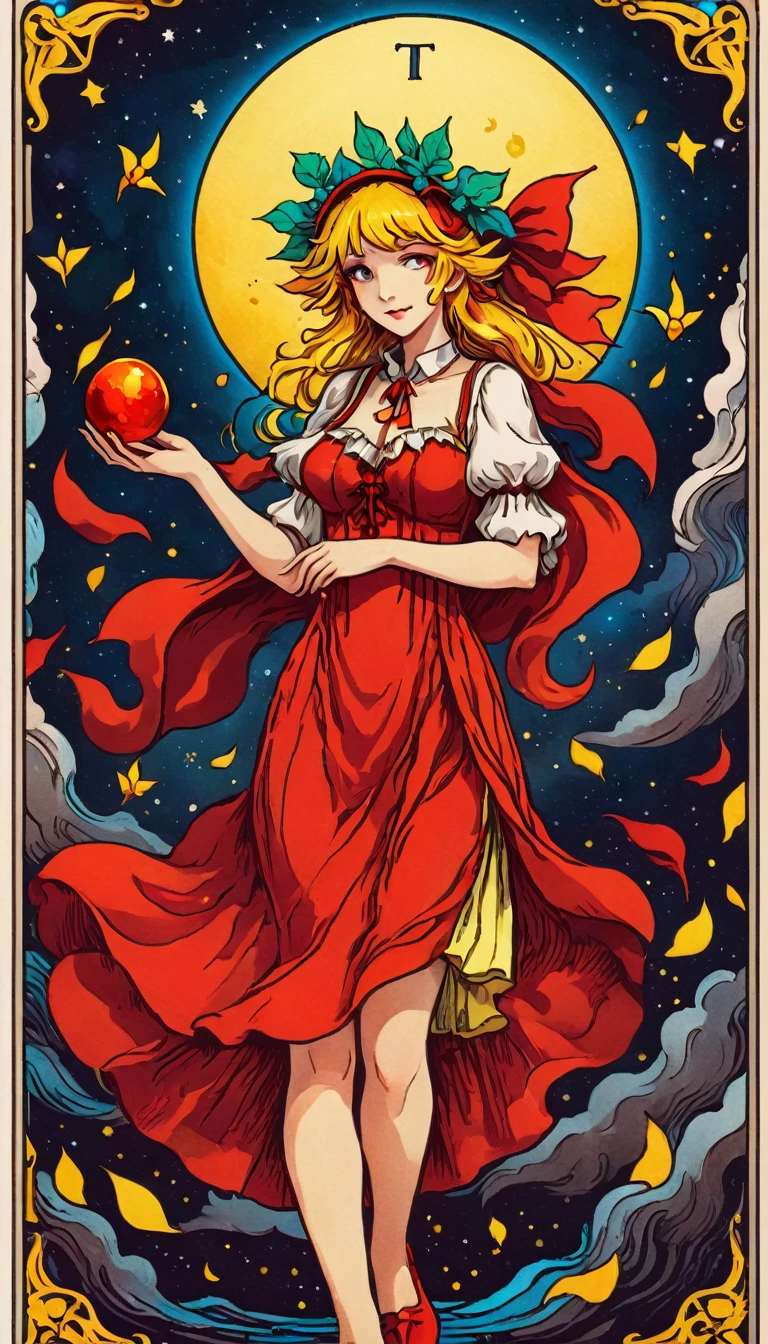 tarot cards: anime girl Scarlet Flandre , saturated colors,masterpiece,лучший masterpiece,light and shadow,calm colors, fantasy, темное fantasy,  thick line drawing