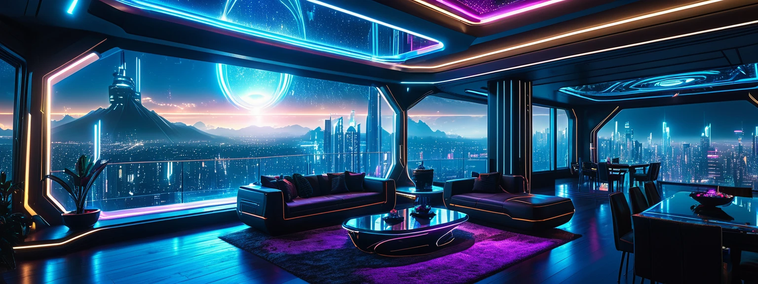  Scene of a very luxurious futuristic house from the inside at night ,  there are neon lights and LEDs , [Tron],  you can see a balcony with views of a futuristic city and futuristic buildings, In the background an  (epic sky )  with particles , octane render, 8K, dramatic light, Soft light, lens flare, (wide angle), cyberpunk, blade runner