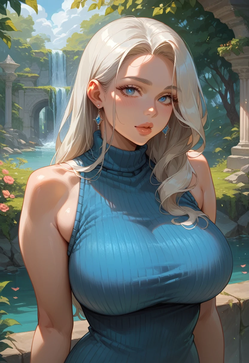 ((highly detailed hentai art style)), outdoors, 1 (((sensual mature woman))), long (platinum blonde hair), detailed blue eyes, ((luscious lips)), ((perfect detailed gorgeous face)), ((sensual expression)), (((huge perfectly round breasts))), (((perfect sensual body))), ((blue sleeveless sweater)).