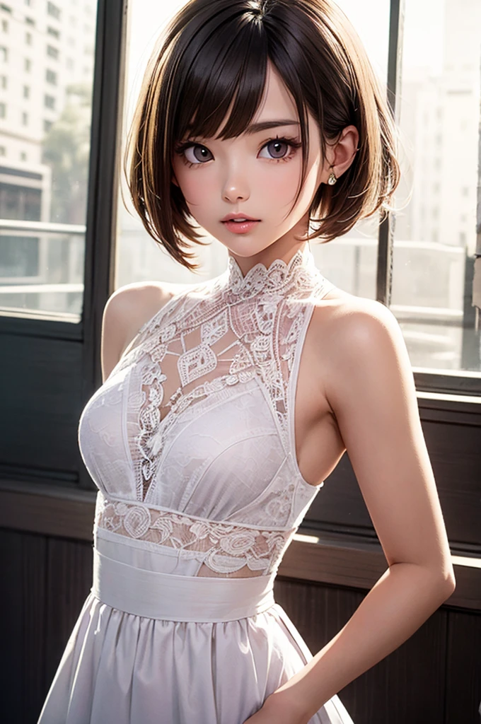 Sexy girl nipples 、tiny body、abdominals、short curly hair of silver color、upper body、View here