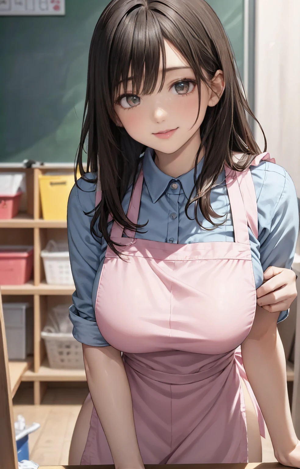 (kindergarten teacher, pink apron, kindergarten:1.3), (adult women:1.5),large breasts,

(in the s room:1.2), ren’s toy, in the daytime,
gentle smile