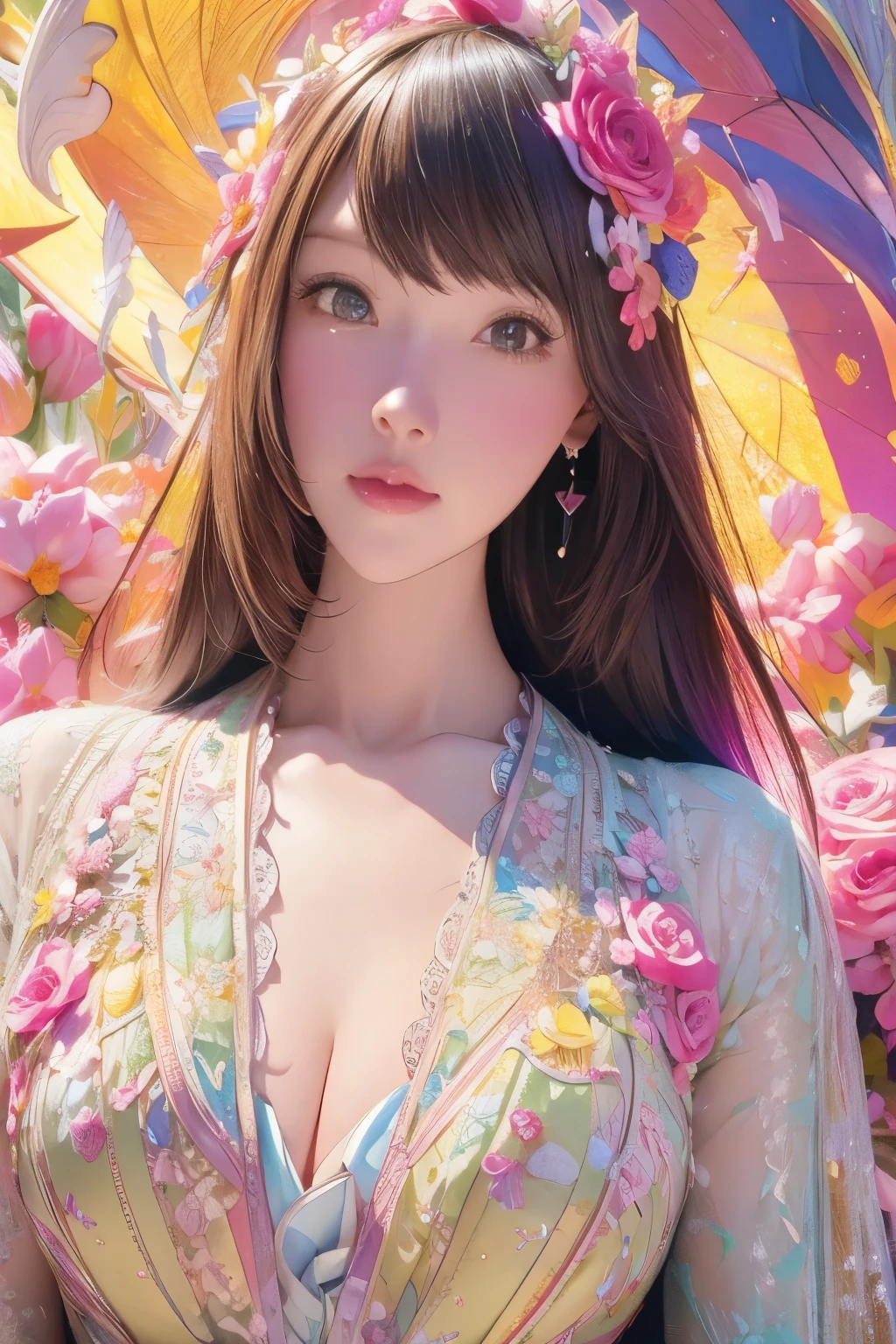 1 girl, big breasts, Floral, Lisianthus ,light pink and light blue styles., dreamy romantic work., light pink, Intangible documents, fun arrangement, fantasy, high contrast, ink stroke, explosion, over touch, Impression based on purple and red , abstract, negative space,
