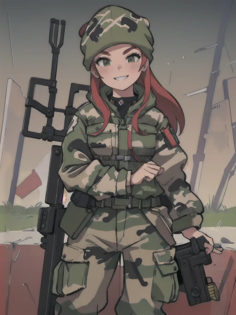 girl with smile and red hair, with a camouflage jacket, camouflage balaclava, camouflage pants and army boots.