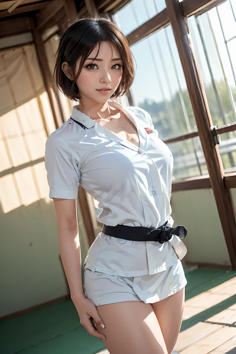 Highest quality, masterpiece, (Original photo, Professional photography, photoActual, Actual:1.3), Highly detailed CG 16K integrated wallpaper, (Best aesthetics, Natural light:1.1), Ultra-high resolution, (Correct Anatomy:1.5), ((Highly detailed skin texture:1.1)), ((Look from the front:1.3)), Leave, 1 Girl, Japanese women, alone, Looking at the audience, Cowboy Shooting, (Medical staff:1.4), (nurse:1.3), (24-years-old:1.1), (Look younger than Actual age:1.3), Brown Hair, (Single Pan:1.5), Very delicate skin, Iris, ((Narrow eyes:1.4)), Delicate nose, Beautiful Lips, (awkward:1.3), ((White Scrub, Short sleeve:1.5)), ((small, thin and long:1.4)), ((Beautiful breasts:1.2)), (((Put your arms behind your back, Suppressed, chai, rope:1.5))), (((Sit on the floor:1.4))), (((indoor, Midnight, Dark Room, Empty operating room:1.2)))