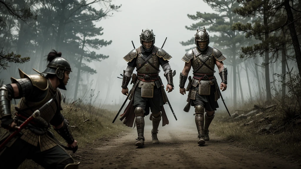 Two fierce samurais walking side by side, dressed in full traditional samurai armor, including detailed helmets with distinct crests. Both warriors are in a ready-for-battle stance, with swords sheathed at their sides as they walk forward with determination. Their armor is intricate, showing layers of protective plates, with subtle wear from previous battles. The background has a dim, misty atmosphere with a hint of an ancient battlefield or a dense forest, emphasizing the seriousness of their mission. The scene is dramatic, capturing the strength and honor of these warriors heading into battle together.