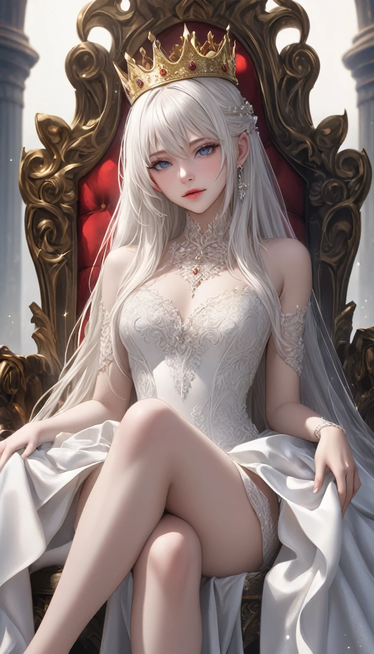 masterpiece,   high resolution on down ,   anatomically correct , 最 high quality,   high detail ,  high definition model ,   very detailed,   high quality,  Ultra High Definition,   Textured Skin, Realistic Skin, Delicate skin,  pure white hair,  long hair,  Sparkling Eyes,  high resolution on downの目, Adult women, textured lips, 
 has a faint smile,
Crown, 
 wearing a wedding dress,
 sits on a throne, 
dim,  a dark fantasy world with a crown on his head