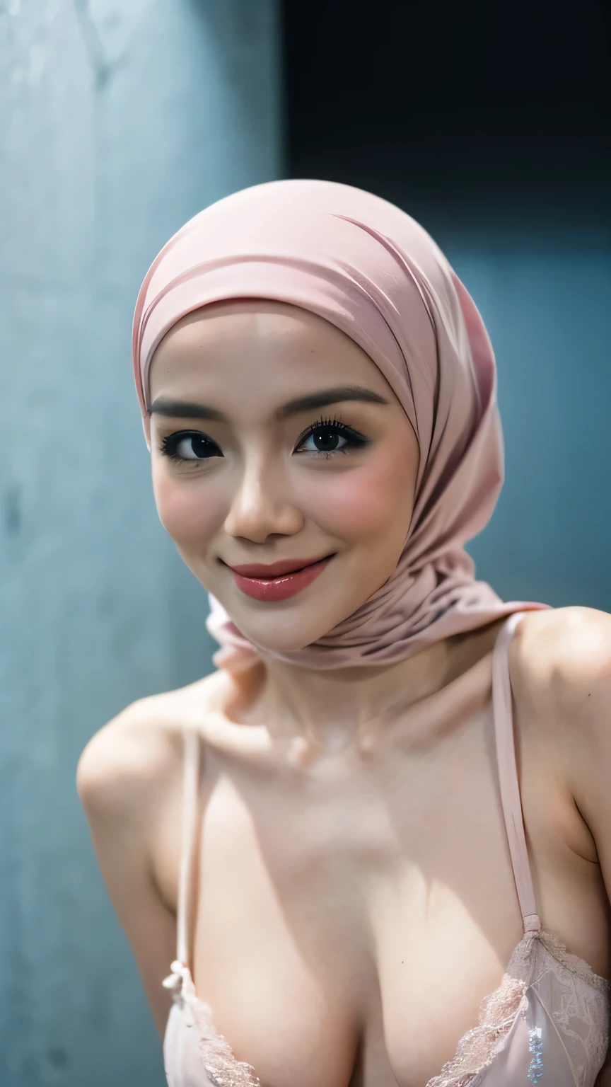 Malay girl in hijab wearing sexy pink color lingerie portrait photography, mid shot photo, ultra detail, professional photograph with professional lighting, smile, light blue studio background, sexy seducing pose, curvy