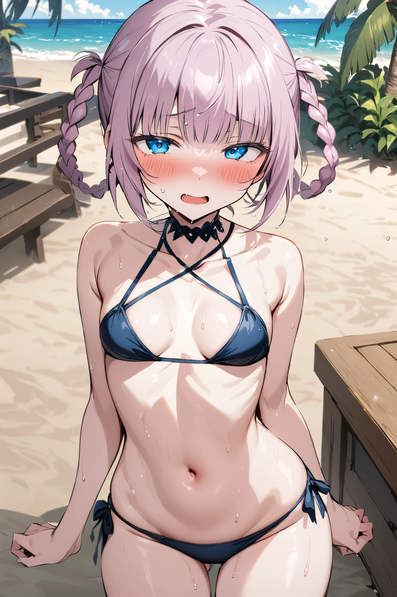 NSFW,masterpiece,Best Quality, high resolution on down, very detailed,Nanakusa Nazuna \(Night Song\),Pink Hair, braided ,bangs, blue eyes,tooth,floral halter bikini,ribbon,Groin,beach, palm trees,Beach House,Embarrassed,blush, wet ,Suspicious behavior,Soaked