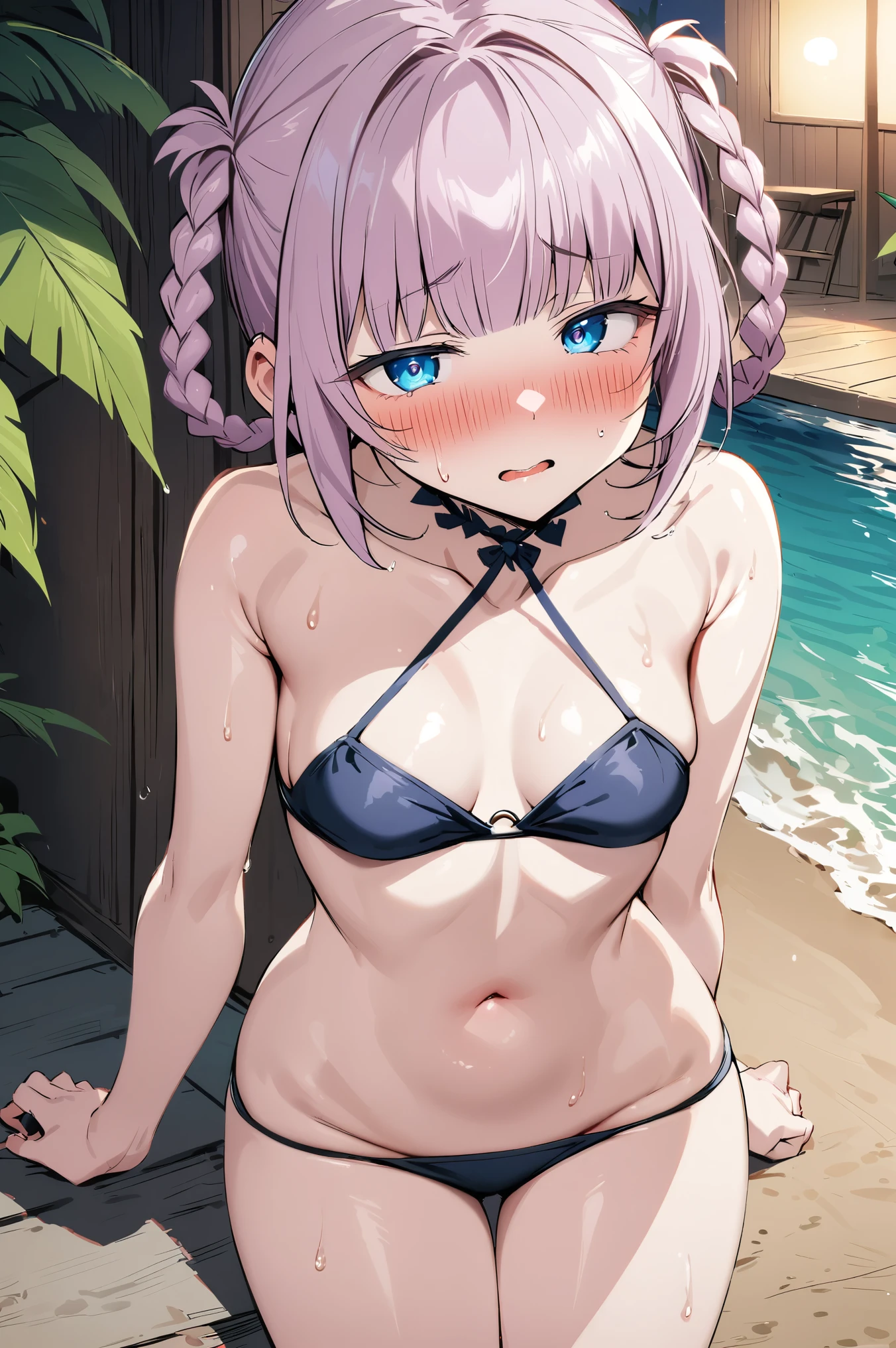 NSFW,masterpiece,Best Quality, high resolution on down, very detailed,Nanakusa Nazuna \(Night Song\),Pink Hair, braided ,bangs, blue eyes,tooth,floral halter bikini,ribbon,Groin,beach, palm trees,Beach House,Embarrassed,blush, wet ,Suspicious behavior,Soaked