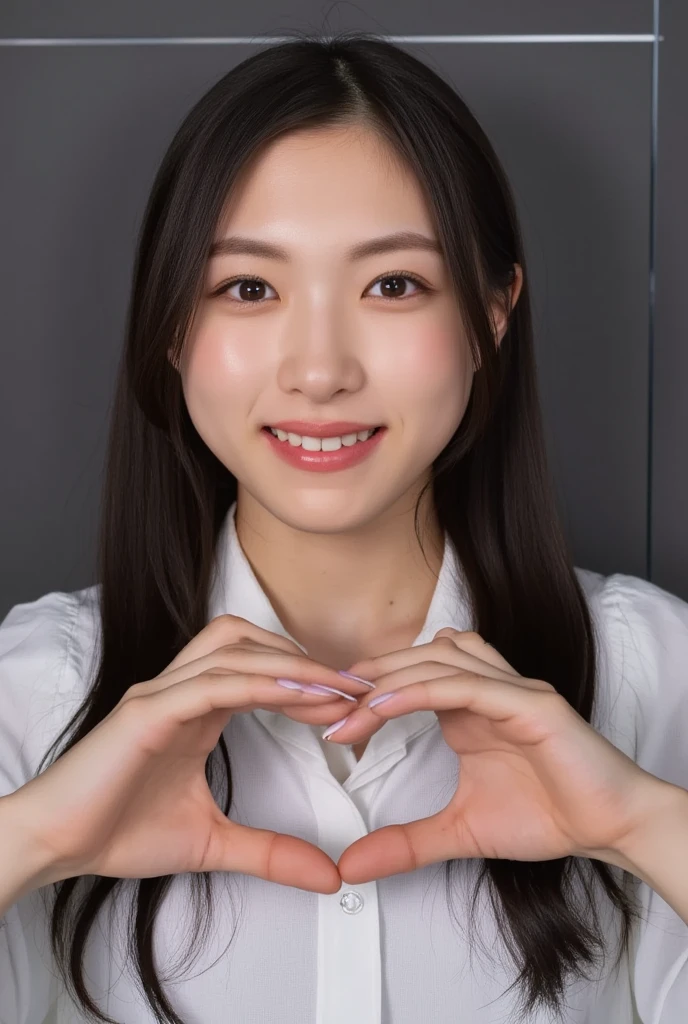 She is smiling, wearing no clothes, making a firm big heart shape with both hands, and holding them in front of her chest, View above collarbone、The background is a monotone 

