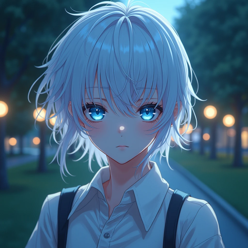 Anime of a pretty boy with white hair and blue eyes, background park, selfie, autophoto, night, background light, Obra maestra, Brillar