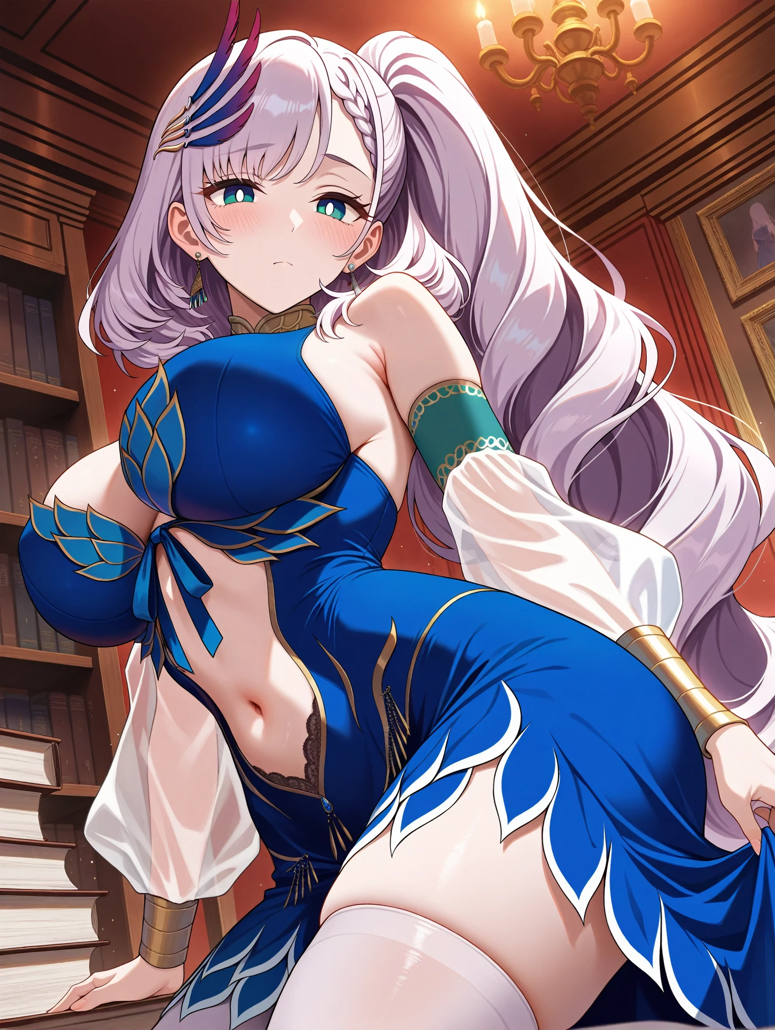 READ DESCRIPTION, pavolia reine, ReineBase, bright pupils, long hair, side ponytail, feather hair ornament, blue dress, navel cutout, detached sleeves, earrings, white thighhighs,masterpiece,best quality,amazing quality,very aesthetic,absurdres,newest,