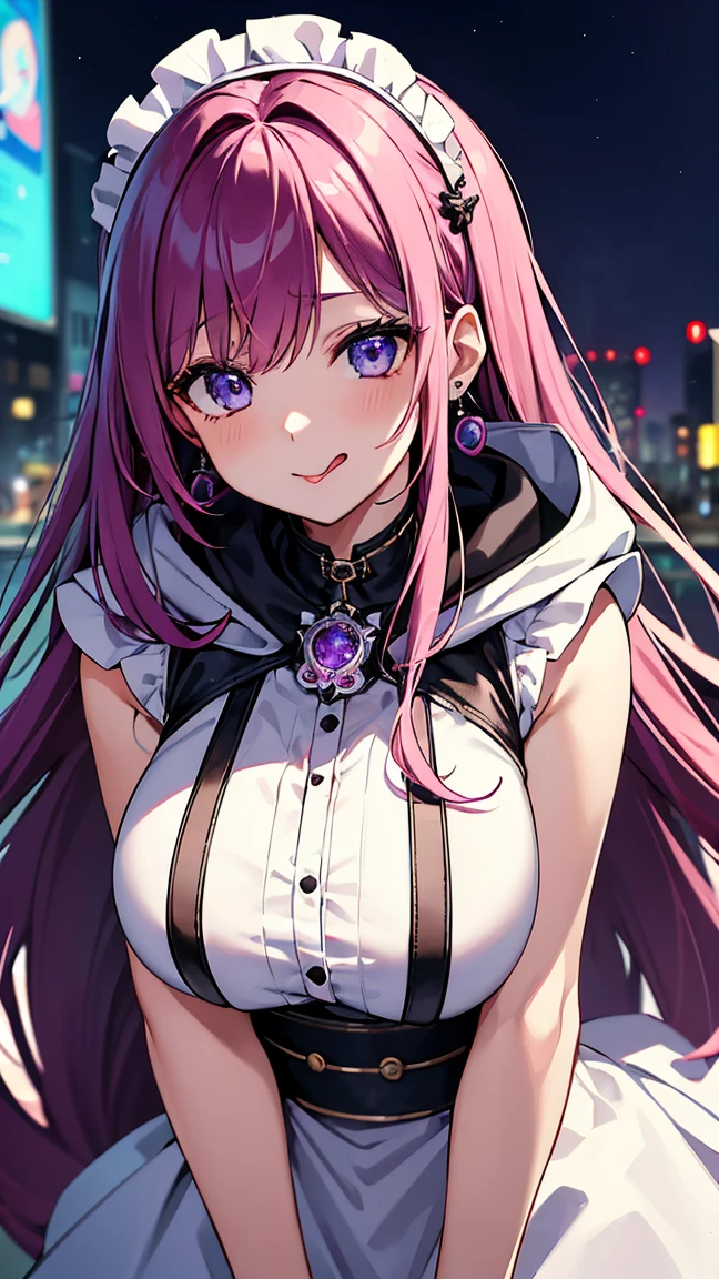 ((Best Quality、Must-have items、 high resolution on down))、(masterpiece:1.2)、Best Quality、Pixiv、Rebellious Girl、 one girl playing pranks、 open your mouth、鋭いteeth、teeth、Long Hair、（Hair color split in half with pink and black）City Background、gem、badge、ボタンbadge、Food、Purple Eyes、 earrings for a woman alone、 maid clothes、 upper body、 dressed character with the hood down 、tongue、 focusing on the audience 、長いtongue、Chest in the center、, lean forward, cyberpunk city,Night view,