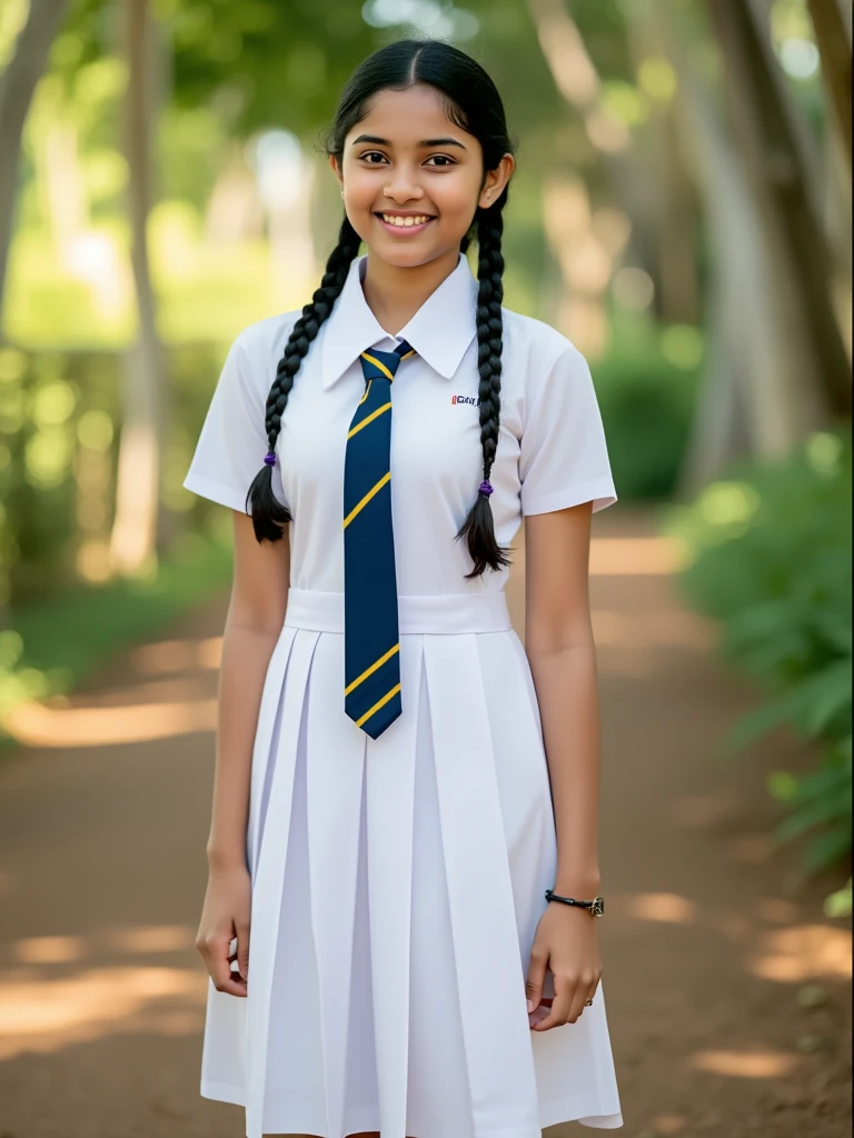 a beautiful cute young sri lanka teen girl,  detailed white frock uniform, color tie  , white shoes and socks , full body , wide photo ,cinematic lighting, hyperrealistic, photorealistic, 8k, masterpiece, warm colors, natural lighting , high quality, intricate details