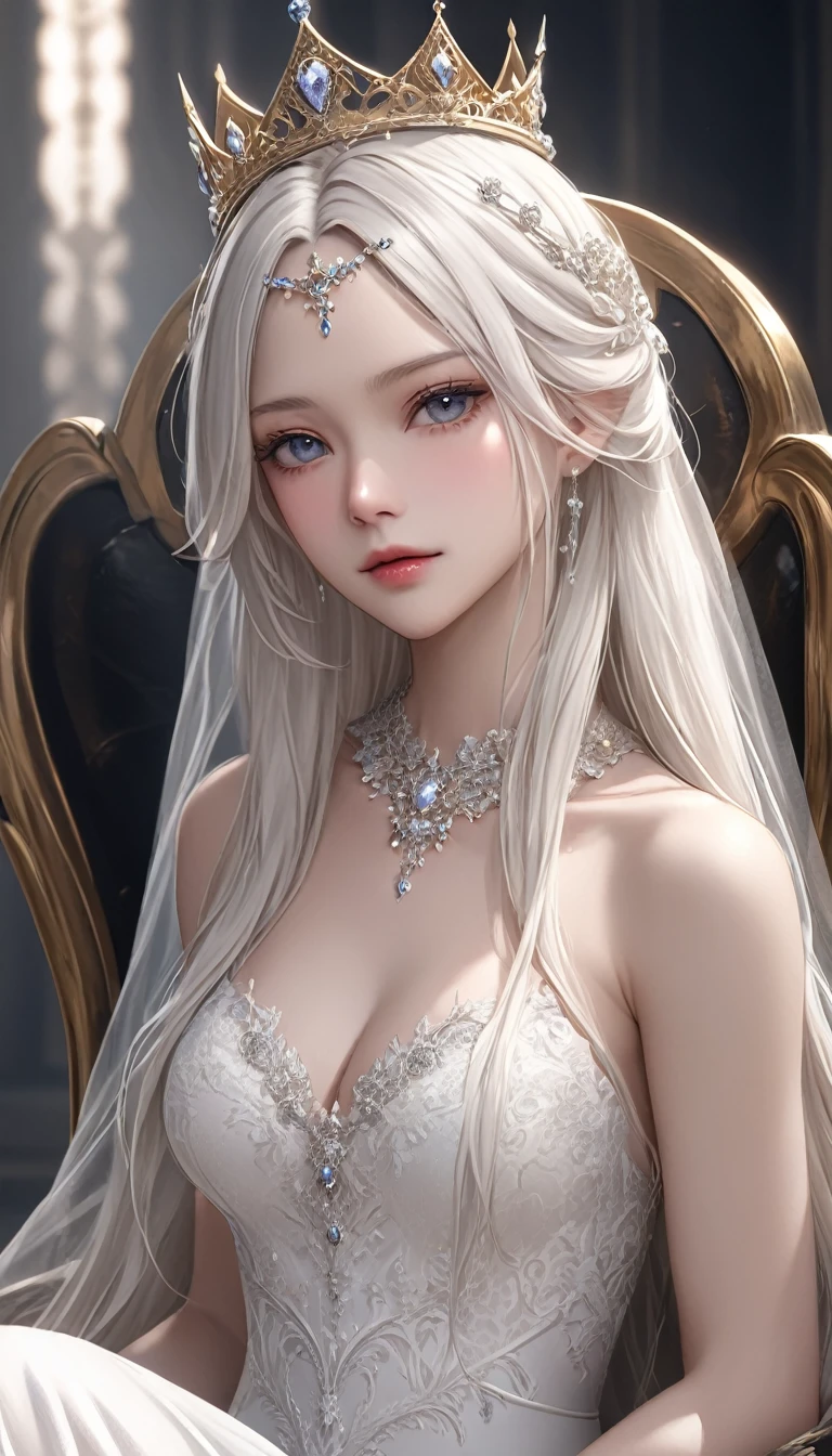 masterpiece,   high resolution on down ,   anatomically correct , 最 high quality,   high detail ,  high definition model ,   very detailed,   high quality,  Ultra High Definition,   Textured Skin, Realistic Skin, Delicate skin,  pure white hair,  long hair,  Sparkling Eyes,  high resolution on downの目, Adult women, textured lips, 
 has a faint smile,
Tiara on head,
 wearing a wedding dress,
 sits on a throne, 
dim,  a dark fantasy world with a crown on his head