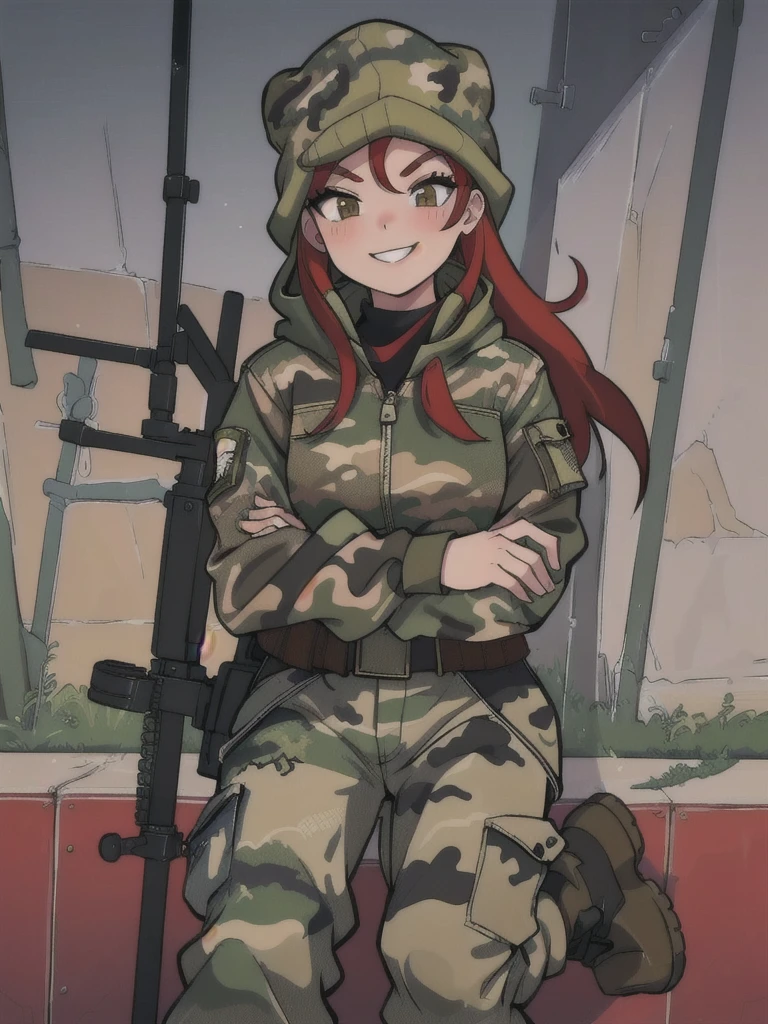 girl with smile and red hair, with a camouflage jacket, camouflage balaclava, camouflage pants and army boots.