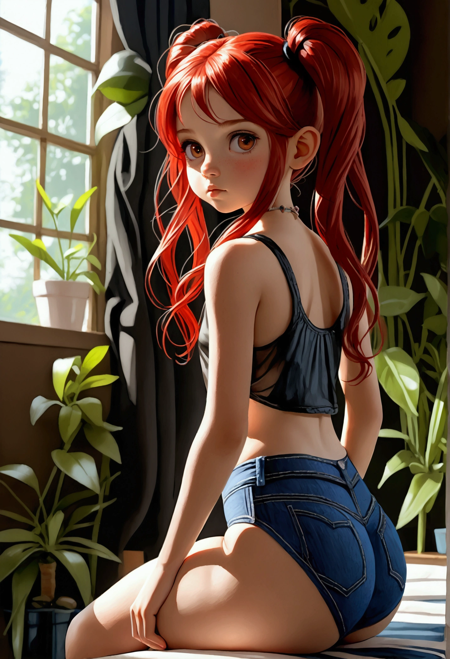 realistic, (((tiny young slutty 9yo prepubescent girl))), full body in thong panties, tank top, ((big round butt)), (from the back), (((showing her face))), pigtails, bright red hair, skinny legs, skinny waist