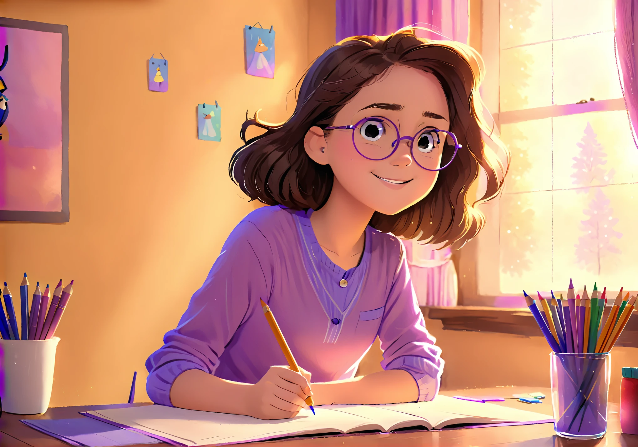 Clara, one ********** with brown wavy hair, using glasses, drawing with crayons, happy expression, wearing purple shirt. Detailed face, intricate details, colorful crayons, cozy indoor setting, beautiful lighting, soft pastel colors, warm tones, cinematic composition, award winning illustration, highly detailed, photorealistic, 8k, masterpiece, professional, award winning, cinematic lighting, soft focus, beautiful composition, consistent character. The illustration should be simple and clean. The style of the illustration resembles a classic ren's book, combining a Disney cartoon and watercolor illustration but with thick lines outlining t