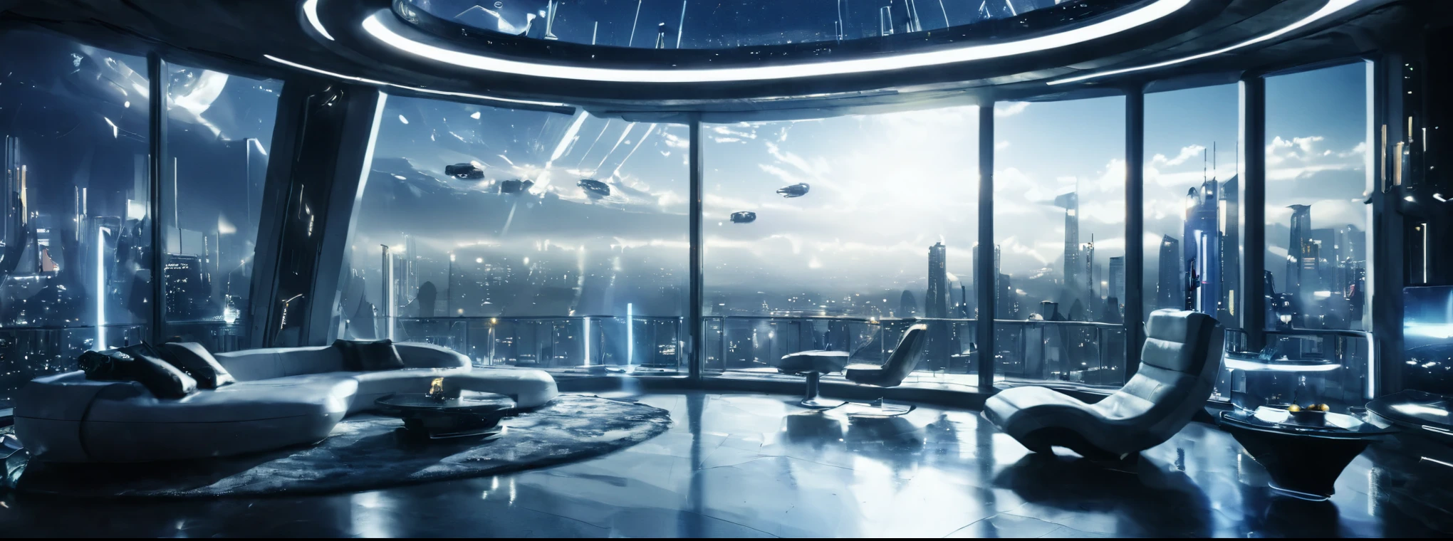  Very luxurious futuristic house scene , white, From the interior at night,  you can see a balcony with views of a futuristic city and futuristic buildings, In the background an  (epic sky )  with particles , octane render, 8K, dramatic light, Soft light, lens flare, (wide angle), cyberpunk, blade runner