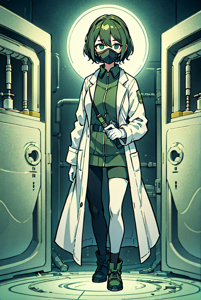 1girl, standing portrait, Central Focus, Centered, Fully in-frame, Solo, Standing still, zoomed out

Gender: Female

Appearance: Chernobyl laboratory scientist girl with short green hair and lab goggles and a gasmask wearing a green hazmat suit over a sleek white lab coat