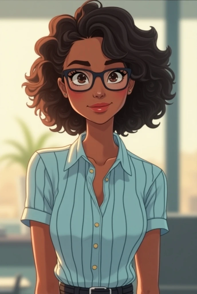 Animation of a brown woman ,  wearing cat-eye glasses and mixed African and indigenous features.  Short curly brown hair .  In an office with a soft background wearing a light blue dress shirt with short sleeves and thin black vertical stripes