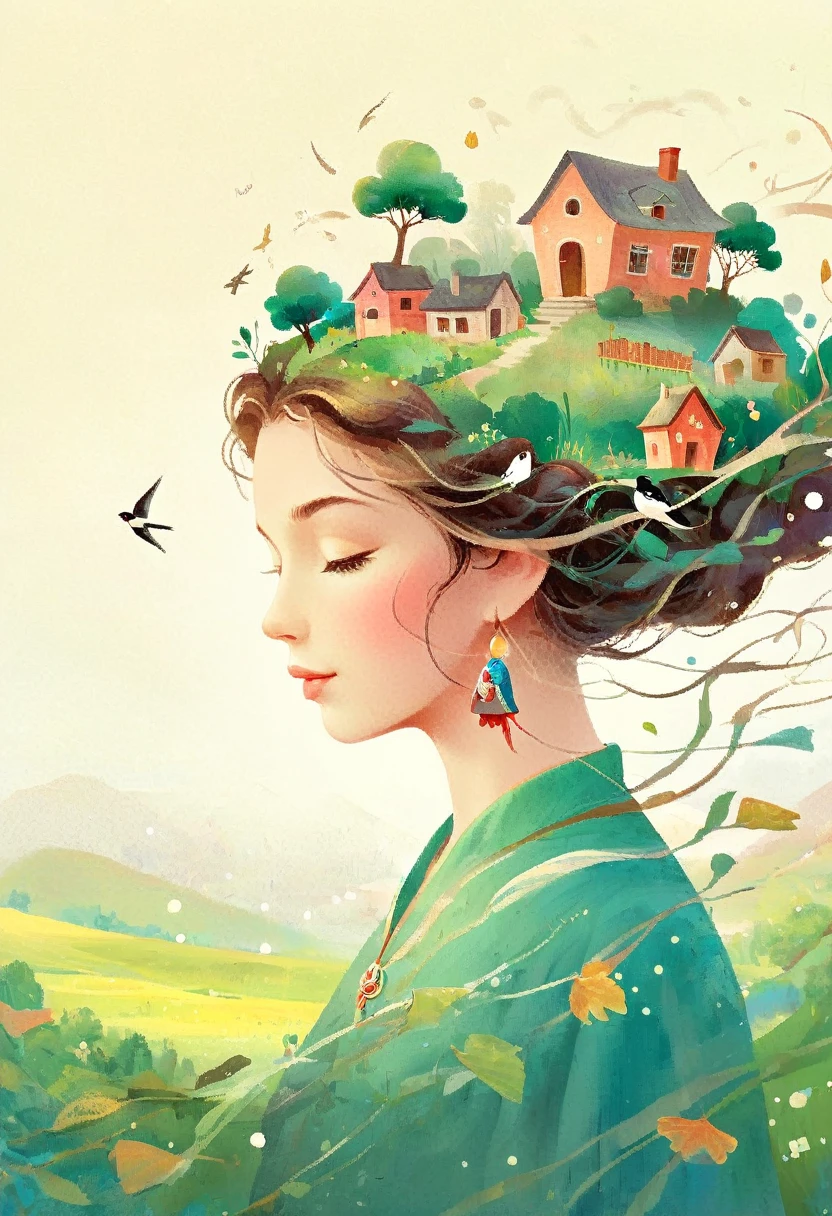 digital illustration art,  a comic illustration of a  girl adorned with many houses, trees, roots,  a small swallow , ETC. in her head. Her hair is composed of many houses and trees, and the background is green trees and hills ( the background mixes with the littles hair ).  surrounded on both sides ,  evokes the charm of a charming rural landscape .  White background,  the weeping sound of Chinese calligraphy ,   the vivid Ferdinand du Puigaudeau  ,  Victor Nizovtsev , retro tones ,  Cintilante, reflective,  Best number , 8k,  High definition ,  high resolution , double exposure,  beautiful digital illustrations ,